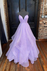 Bridesmaids Dress Style, A-Line Lavender Shiny Tulle Prom Dresses, Long Spaghetti Strap Evening Dresses