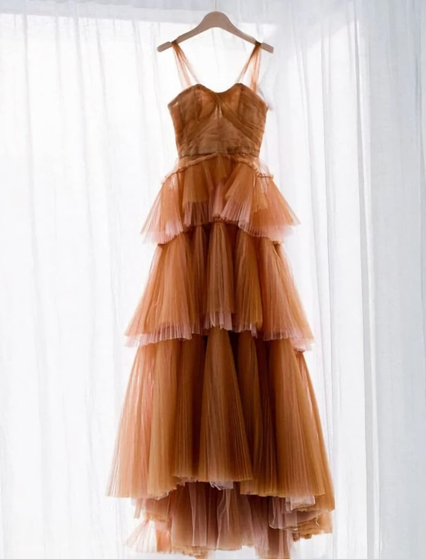 Spring Dress, A Line Long Brown Tulle Prom Dresses