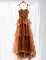 Spring Dress, A Line Long Brown Tulle Prom Dresses