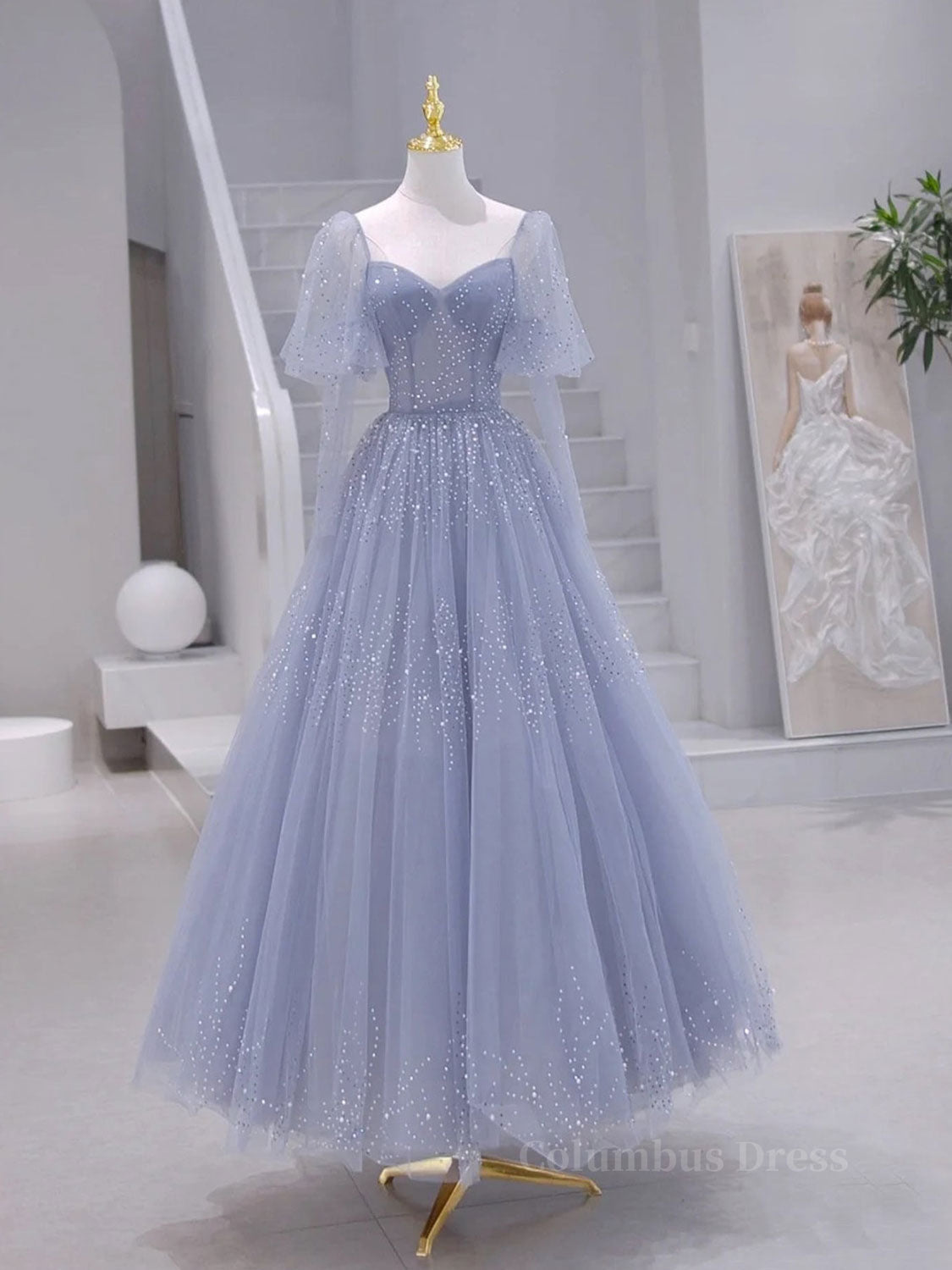 Dress Outfit, A-Line Long sleeves Beading Gray Blue Long Prom Dress, Gray Blue Formal Dress