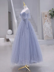 Quinceanera Dress, A-Line Long sleeves Beading Gray Blue Long Prom Dress, Gray Blue Formal Dress