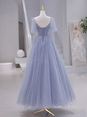 White Dress, A-Line Long sleeves Beading Gray Blue Long Prom Dress, Gray Blue Formal Dress