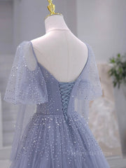 Wedding Shoes, A-Line Long sleeves Beading Gray Blue Long Prom Dress, Gray Blue Formal Dress