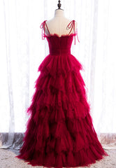 Short Prom Dress, A-Line Long Spaghetti Strap Red Prom Dresses,Black Layers Tulle Evening Dress