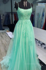Formal Dress Outfits, A Line Mint Green Lace Long Prom Dresses, Mint Green Lace Formal Graduation Evening Dresses