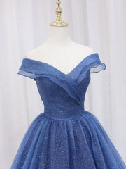 Prom Dress Long Blue, A-Line Off Shoulder Dark Blue Long Prom Dress, Shiny Tulle Long Graduation Dress