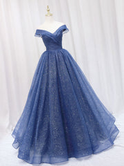 Prom Dress Blue Long, A-Line Off Shoulder Dark Blue Long Prom Dress, Shiny Tulle Long Graduation Dress