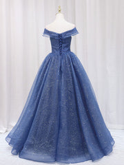 Prom Dresses Blue Long, A-Line Off Shoulder Dark Blue Long Prom Dress, Shiny Tulle Long Graduation Dress