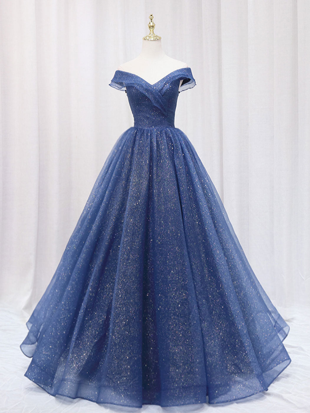 Prom Dresses Long Blue, A-Line Off Shoulder Dark Blue Long Prom Dress, Shiny Tulle Long Graduation Dress