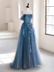 Satin Bridesmaid Dress, A-line Off Shoulder Gray Blue Tulle Long Prom Dress, Gray Blue Long Formal Dress