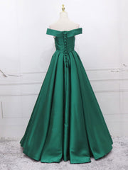 Prom Dress 2032, A-Line Off Shoulder Green Satin Long Prom Dresses, Green Evening Dresses