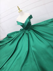 Prom Dresses Off The Shoulder, A-Line Off Shoulder Green Satin Long Prom Dresses, Green Evening Dresses