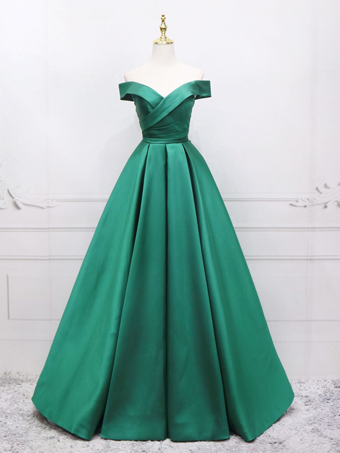 Prom Dress Colorful, A-Line Off Shoulder Green Satin Long Prom Dresses, Green Evening Dresses