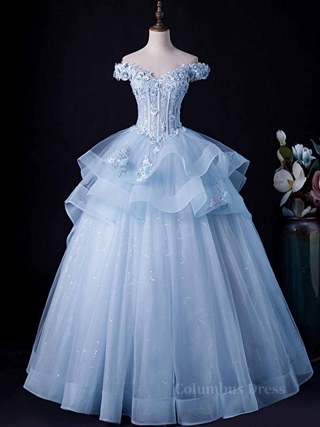 Prom Dress Light Blue, A-Line Off Shoulder Lace Tulle Blue Long Prom Dress, Blue Sweet 16 Dress