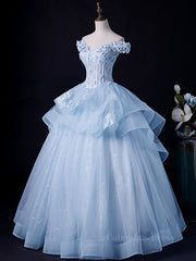 Prom Dress Country, A-Line Off Shoulder Lace Tulle Blue Long Prom Dress, Blue Sweet 16 Dress