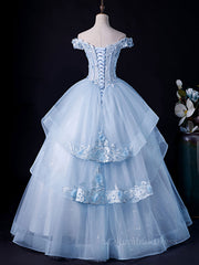 Prom Dress Champagne, A-Line Off Shoulder Lace Tulle Blue Long Prom Dress, Blue Sweet 16 Dress