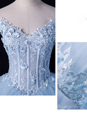 Prom Dresses Blue Light, A-Line Off Shoulder Lace Tulle Blue Long Prom Dress, Blue Sweet 16 Dress