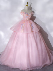 Homecoming Dresses 2026, A-Line Off Shoulder Organza Lace Pink Long Prom Dress. Pink Sweet 16 Dress