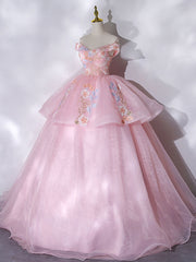 Homecoming Dresses Short Prom, A-Line Off Shoulder Organza Lace Pink Long Prom Dress. Pink Sweet 16 Dress