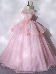 Homecoming Dresses Silk, A-Line Off Shoulder Organza Lace Pink Long Prom Dress. Pink Sweet 16 Dress