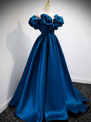 Prom Dresses Ball Gown Elegant, A-Line Off Shoulder Satin Blue Long Prom Dress, Blue Evening Dresses