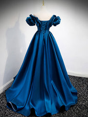 Prom Dresses Ball Gown Style, A-Line Off Shoulder Satin Blue Long Prom Dress, Blue Evening Dresses