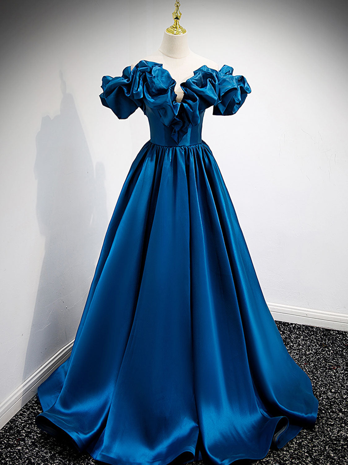 Prom Dresses Champagne, A-Line Off Shoulder Satin Blue Long Prom Dress, Blue Evening Dresses