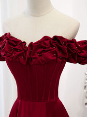 Prom Dress Graduacion, A-Line Off Shoulder Satin Burgundy Long Prom Dress, Satin Burgundy Evening Dress