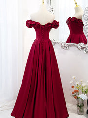 Prom Dress 3 15 Sleeves, A-Line Off Shoulder Satin Burgundy Long Prom Dress, Satin Burgundy Evening Dress