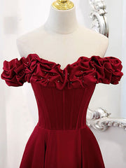 Prom Dresses 3 15 Sleeves, A-Line Off Shoulder Satin Burgundy Long Prom Dress, Satin Burgundy Evening Dress