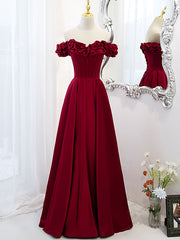 Prom Dresses 2032 Short, A-Line Off Shoulder Satin Burgundy Long Prom Dress, Satin Burgundy Evening Dress