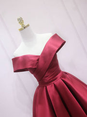 Homecoming Dress Stores, A-Line Off Shoulder Satin Burgundy Short Prom Dress, Burgundy Homecoming Dress