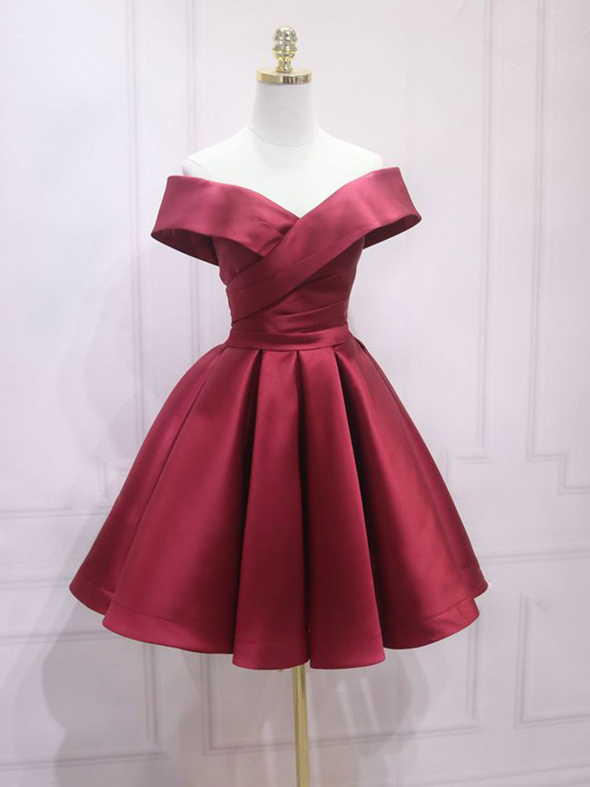 Homecoming Dress Website, A-Line Off Shoulder Satin Burgundy Short Prom Dress, Burgundy Homecoming Dress