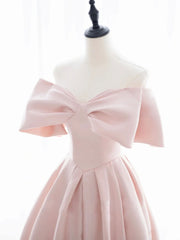 Bridesmaid Gown, A-Line Off Shoulder Satin Pink Short Prom Dress, Pink Homecoming Dress