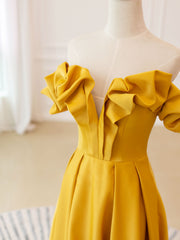 Prom Dress Princess Style, A-Line Off Shoulder Satin Yellow Long Prom Dress, Yellow Formal Evening Dress
