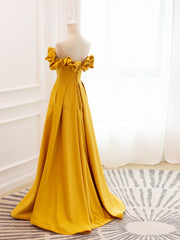 Prom Dresses With Sleeve, A-Line Off Shoulder Satin Yellow Long Prom Dress, Yellow Formal Evening Dress