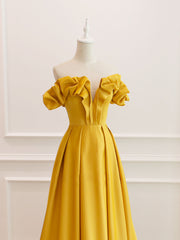Prom Dress With Sleeves, A-Line Off Shoulder Satin Yellow Long Prom Dress, Yellow Formal Evening Dress