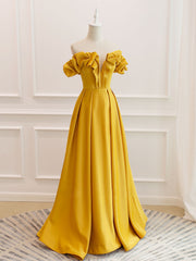 Prom Dresses Princess Style, A-Line Off Shoulder Satin Yellow Long Prom Dress, Yellow Formal Evening Dress