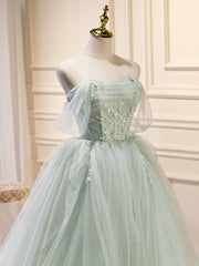 Prom Dresses Green Emerald, A-Line Off Shoulder Tulle Green Long Prom Dresses, Green Formal Dress with Beading