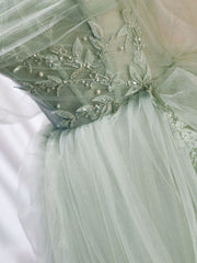 Summer Dress, A-Line Off Shoulder Tulle Green Long Prom Dresses, Green Formal Dress with Beading