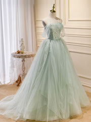 Prom Dress Gold, A-Line Off Shoulder Tulle Green Long Prom Dresses, Green Formal Dress with Beading