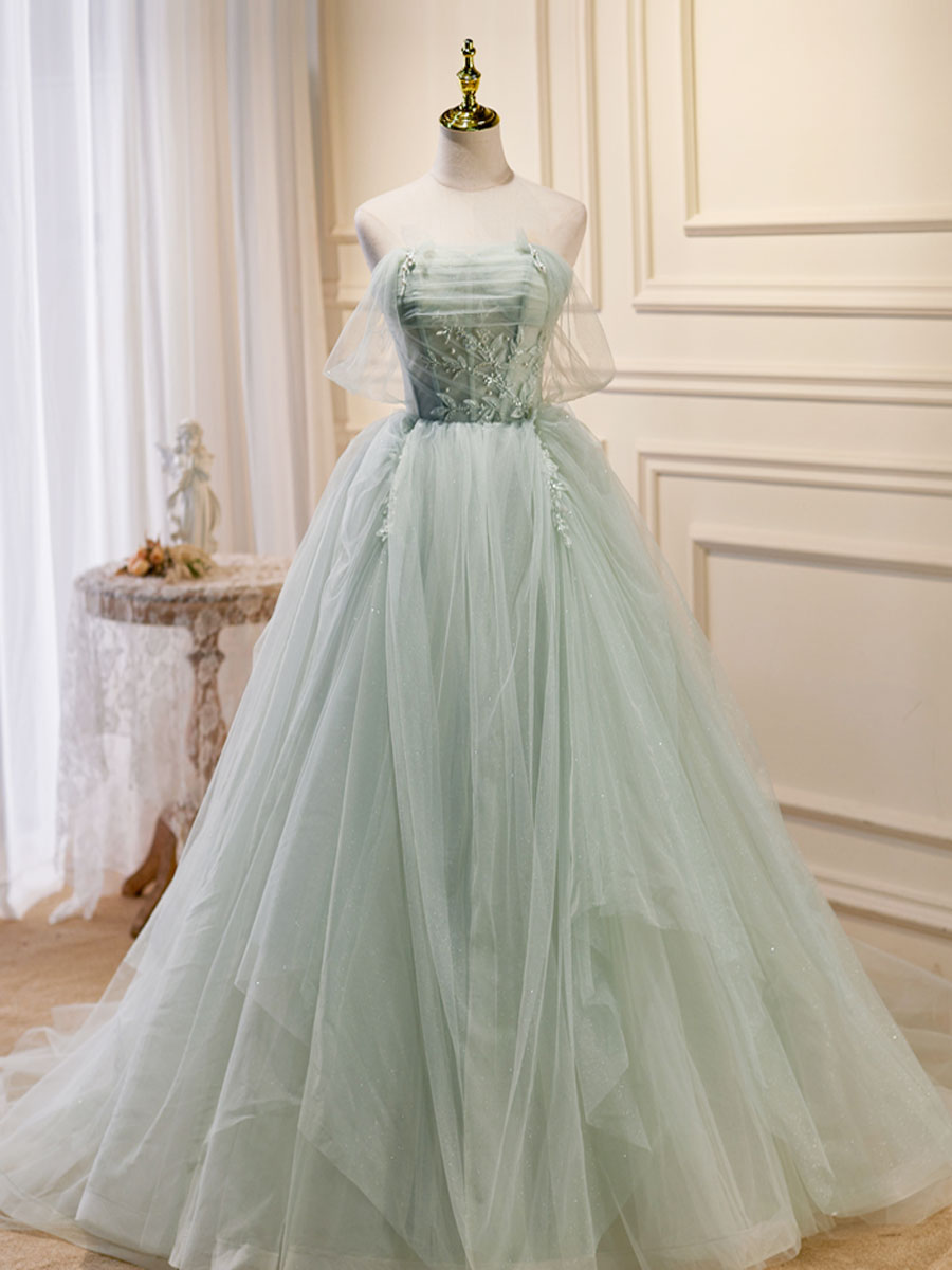 Prom Dress Yellow, A-Line Off Shoulder Tulle Green Long Prom Dresses, Green Formal Dress with Beading