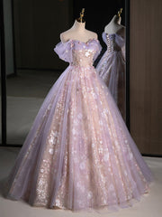 Evening Dresses Princess, A-Line Off Shoulder Tulle Lace Purple Long Prom Dress, Purple Formal Dress