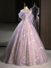 Evening Dresses Classy, A-Line Off Shoulder Tulle Lace Purple Long Prom Dress, Purple Formal Dress