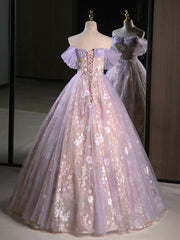 Evening Dresses 2032, A-Line Off Shoulder Tulle Lace Purple Long Prom Dress, Purple Formal Dress