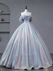 Evening Dresses Open Back, A-Line Off Shoulder Tulle Sequin Blue Purple Long Prom Dress, Sequin Formal Dress