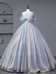 Evening Dress Elegant Classy, A-Line Off Shoulder Tulle Sequin Blue Purple Long Prom Dress, Sequin Formal Dress