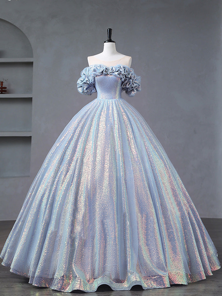 Evening Dress Short, A-Line Off Shoulder Tulle Sequin Blue Purple Long Prom Dress, Sequin Formal Dress