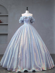 Evening Dress Short, A-Line Off Shoulder Tulle Sequin Blue Purple Long Prom Dress, Sequin Formal Dress