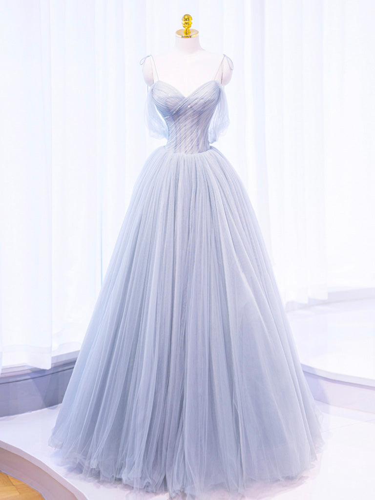 Evening Dresses Unique, A-Line Off Shoulder Tulle Sequin Gray Long Prom Dress, Gray Tulle Formal Dress